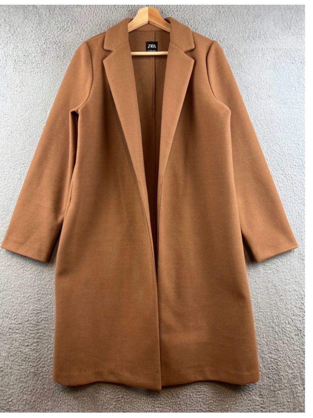 Zara Camel Open-Front Wool-Blend Trench Coat